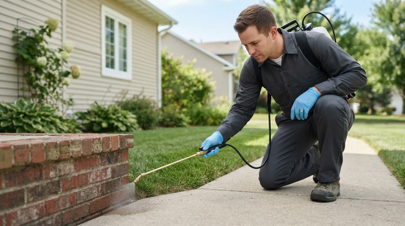 Pest control technician treating a home near Miller Place, NY